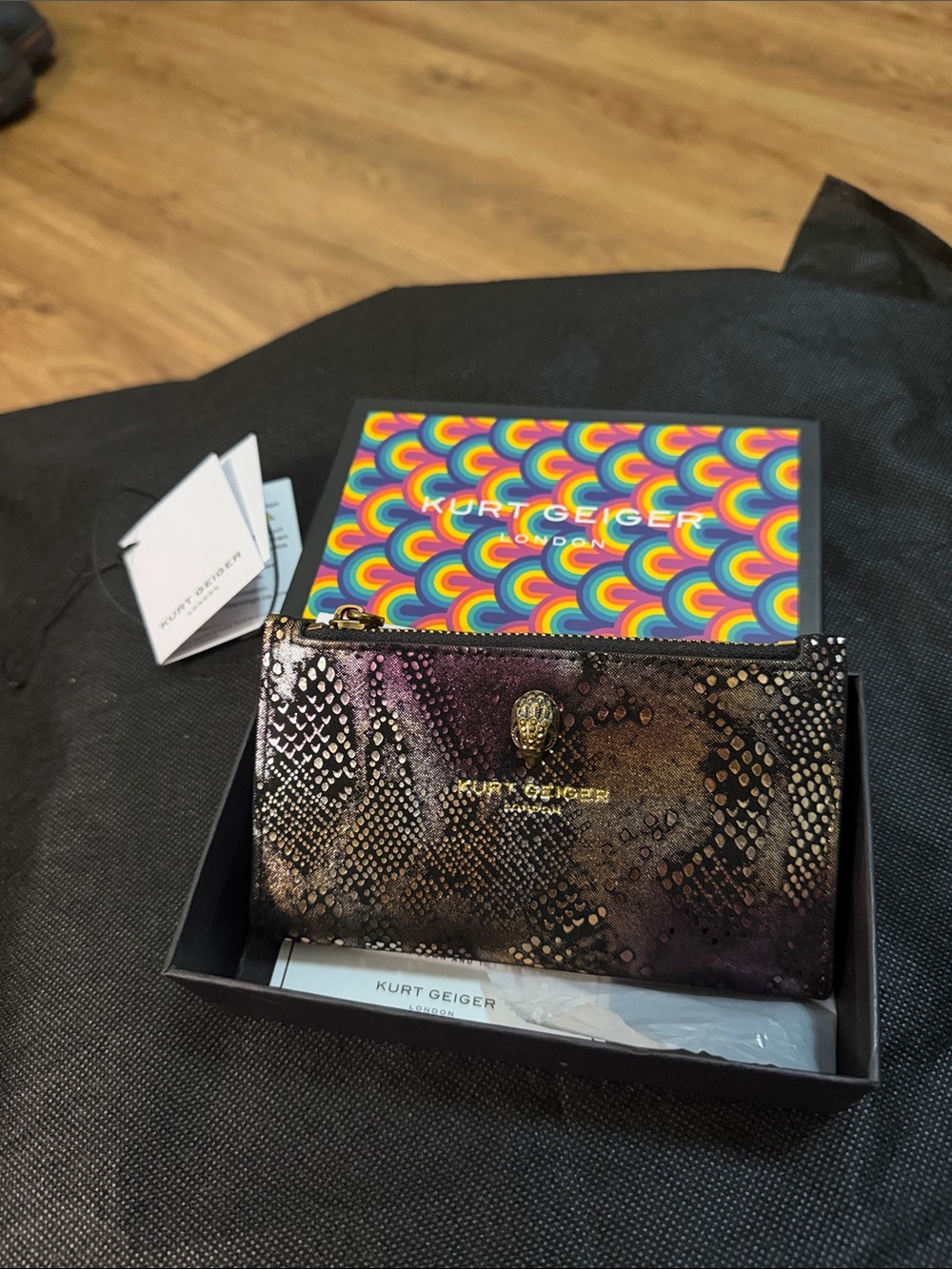 Kurt Geiger Iridescent Black Snake-Print Zip Wallet with Gold Accents
